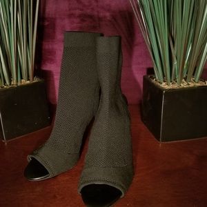 Black fabric open toed heels